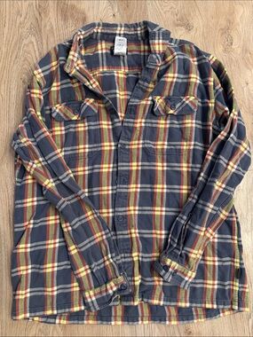 Patagonia Blue Plaid Flannel Shirt with Red & Yellow Stripes